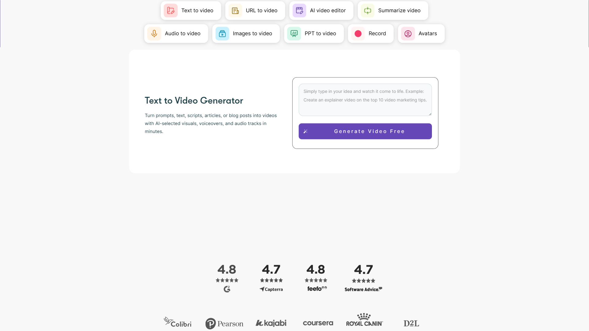 Pictory 2.0 homepage showing Text to Video Generator with workflow options including Text to video, URL to video, AI video editor, and Generate Video Free button