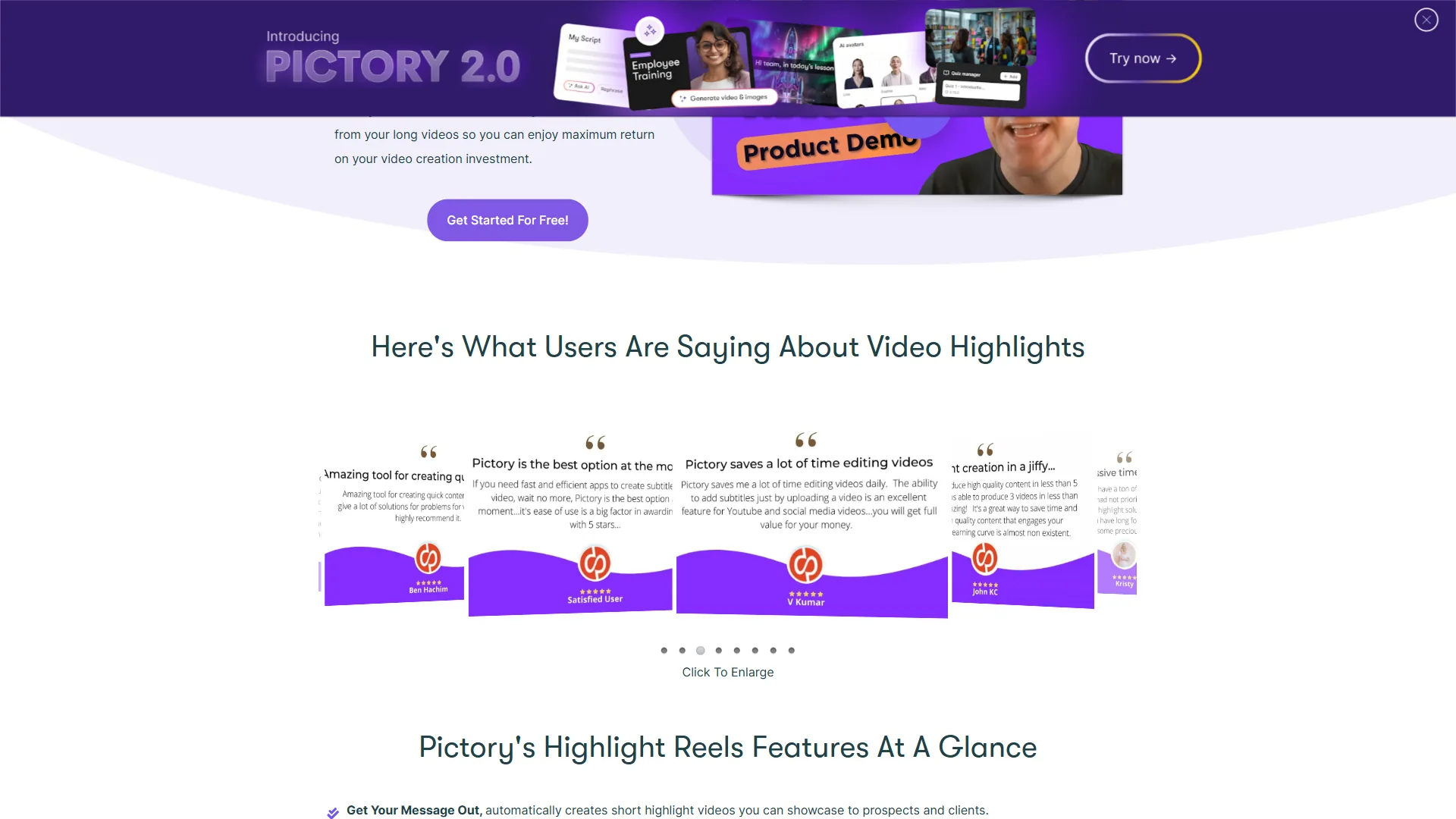 Pictory Video Highlights feature page showing user testimonials, product demo preview, and Highlight Reels Features At A Glance breakdown