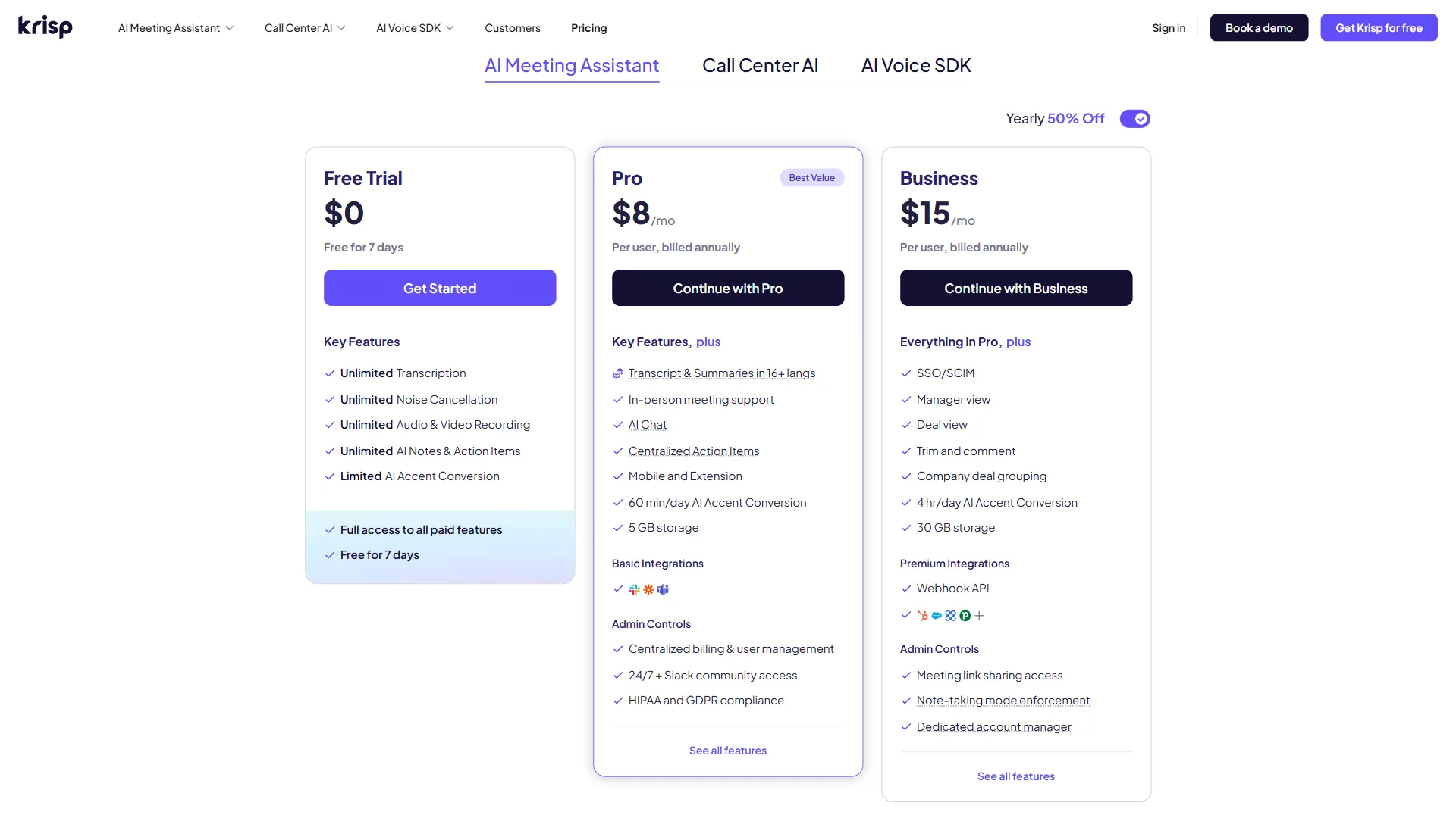 Krisp pricing tiers comparison