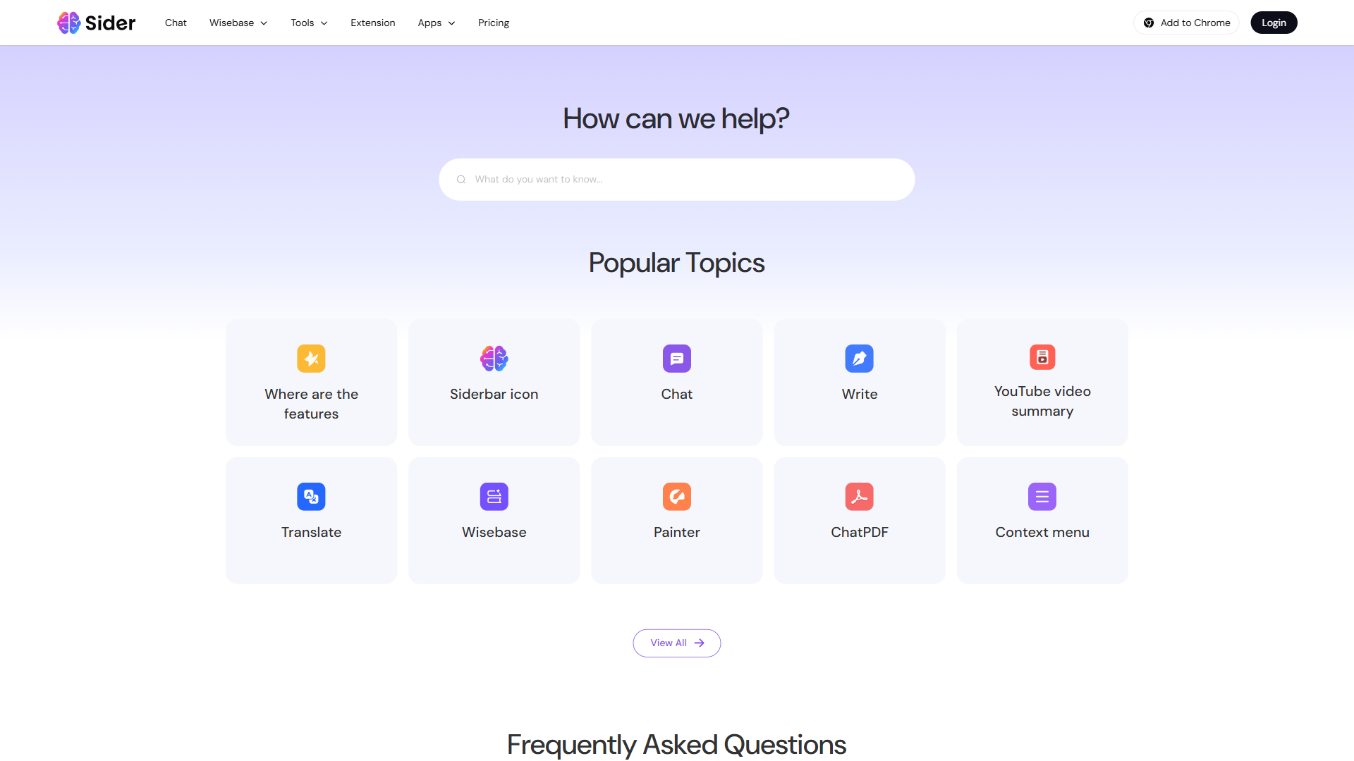 Sider Help Center showing Popular Topics including Chat, Write, YouTube video summary, Translate, Wisebase, Painter, and ChatPDF