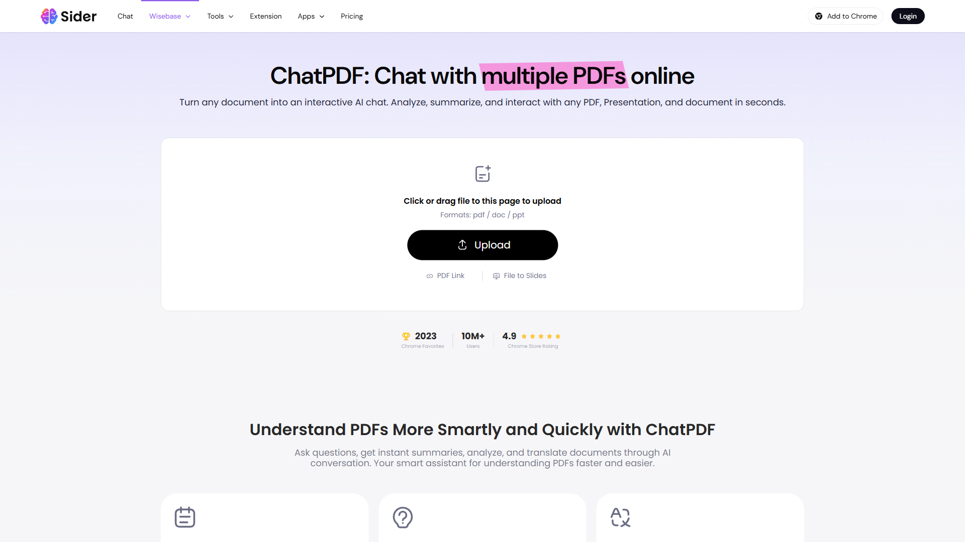 Sider ChatPDF page showing document upload interface for chatting with multiple PDFs online