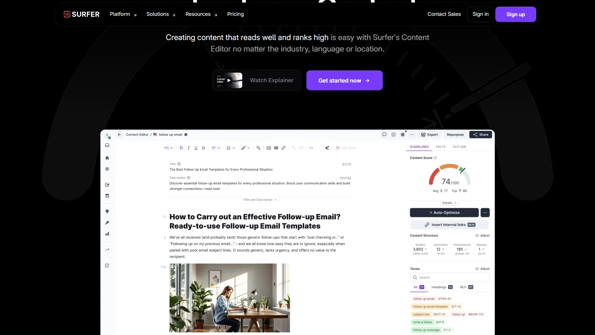 Surfer SEO Content Editor interface showing keyword list and content score