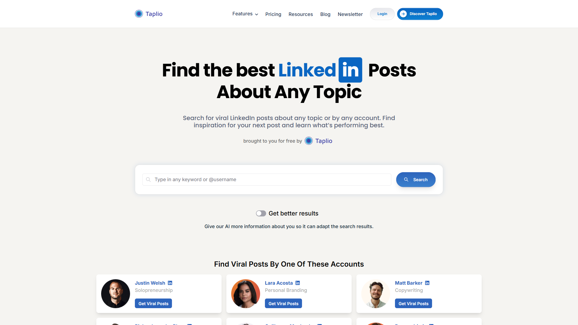 Taplio viral posts library with search bar to find the best LinkedIn posts about any topic