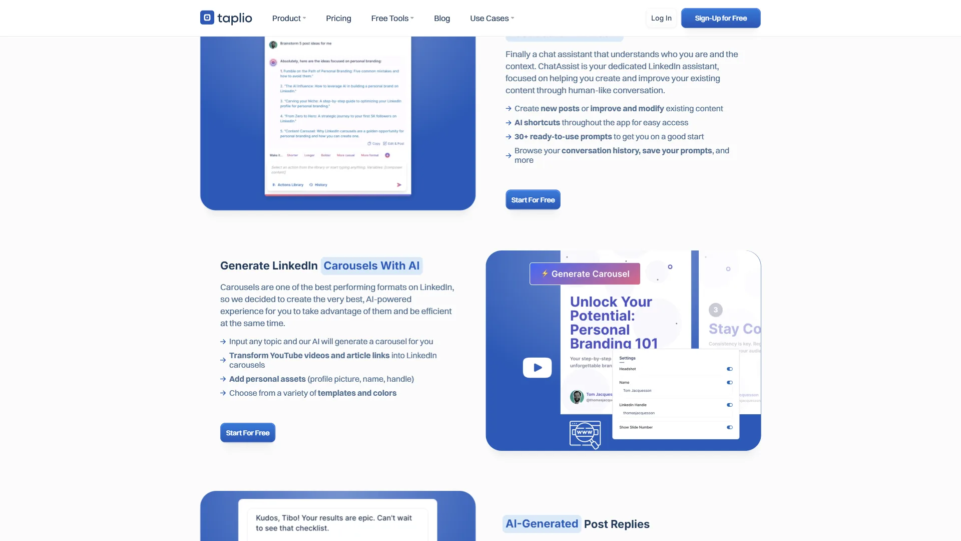 Taplio ChatAssist AI LinkedIn assistant and carousel generator with AI-powered content creation tools
