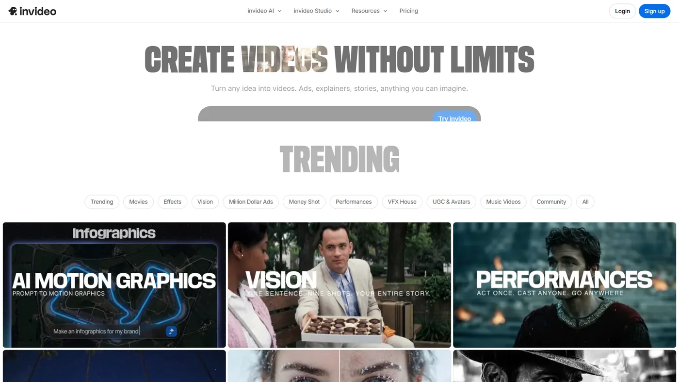 InVideo AI template gallery showing social media video options
