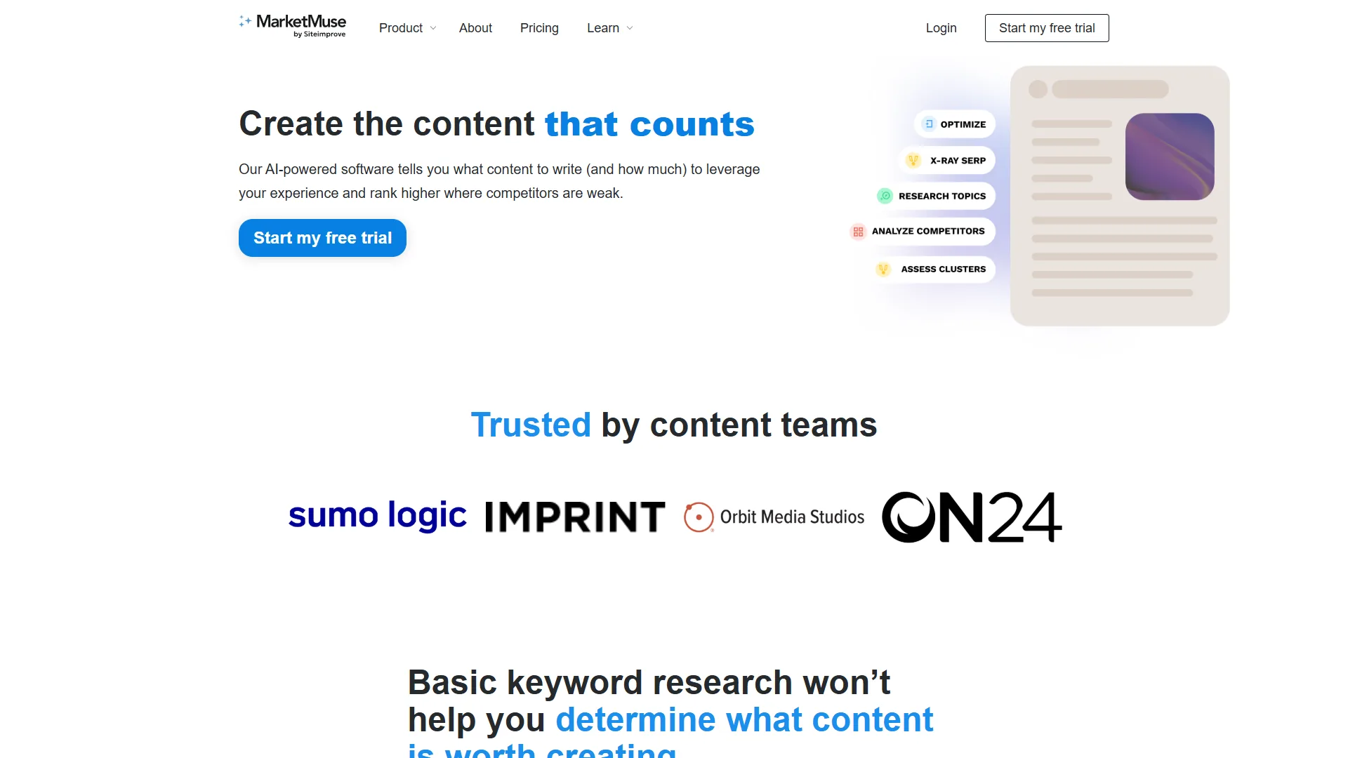 MarketMuse topic authority dashboard showing content optimization metrics