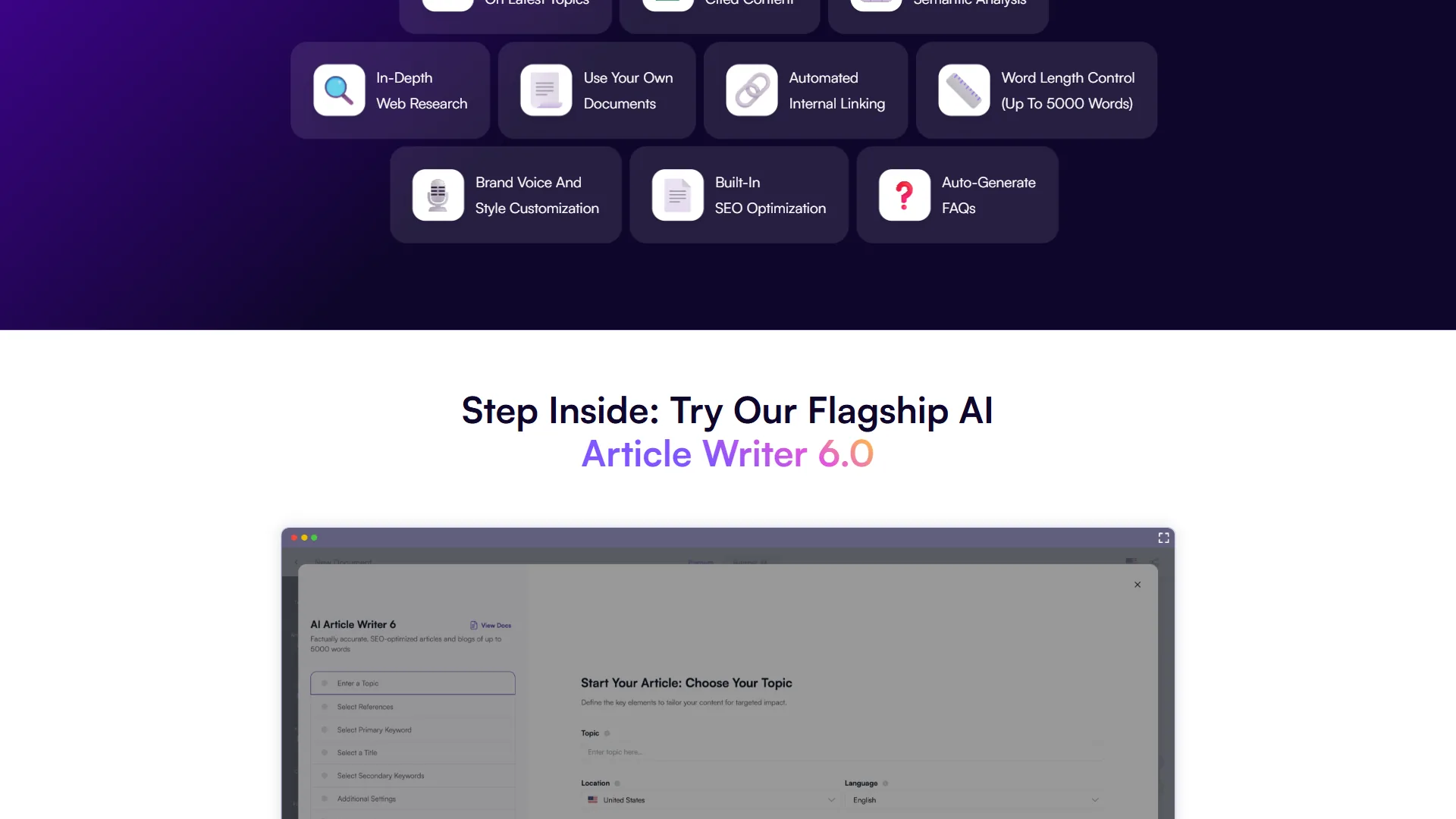 Writesonic AI Article Writer feature grid showing Web Research, Documents, Internal Linking, Word Length Control, Brand Voice, SEO Optimization, and FAQ generation capabilities