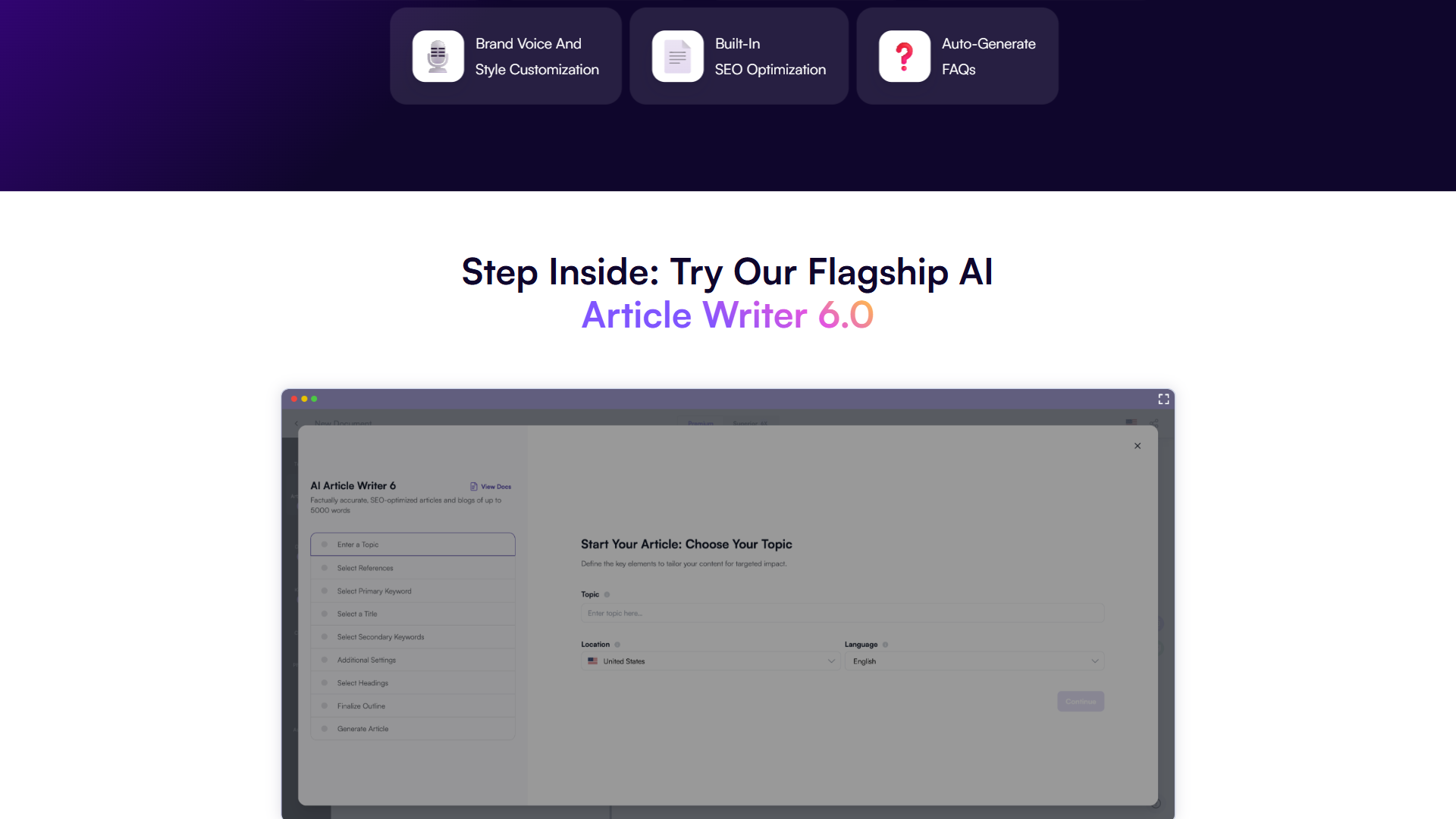 Writesonic AI Article Writer 6.0 step-by-step setup interface showing topic selection, keyword configuration, headings, and brand voice options