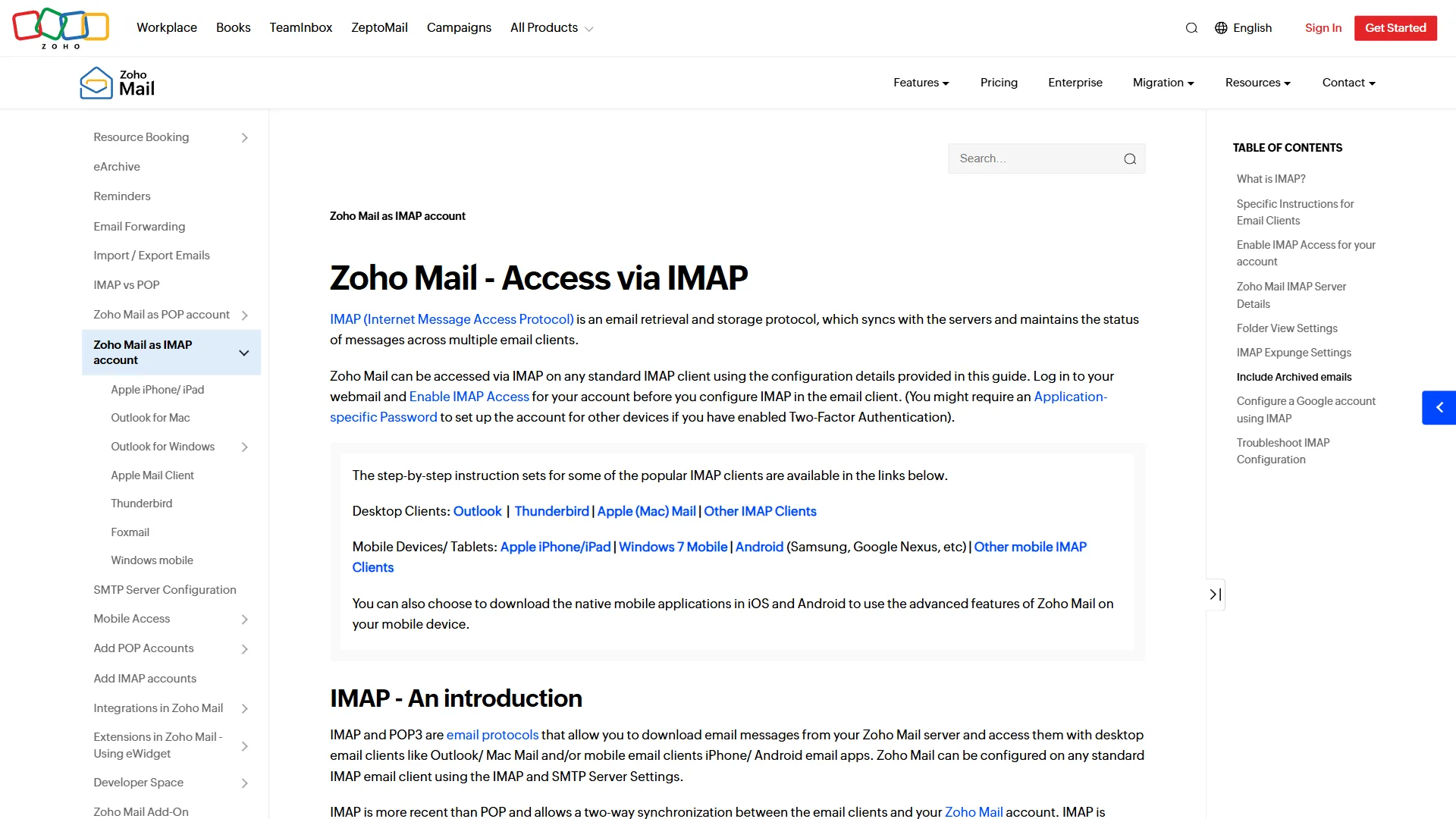 Zoho Mail IMAP help documentation