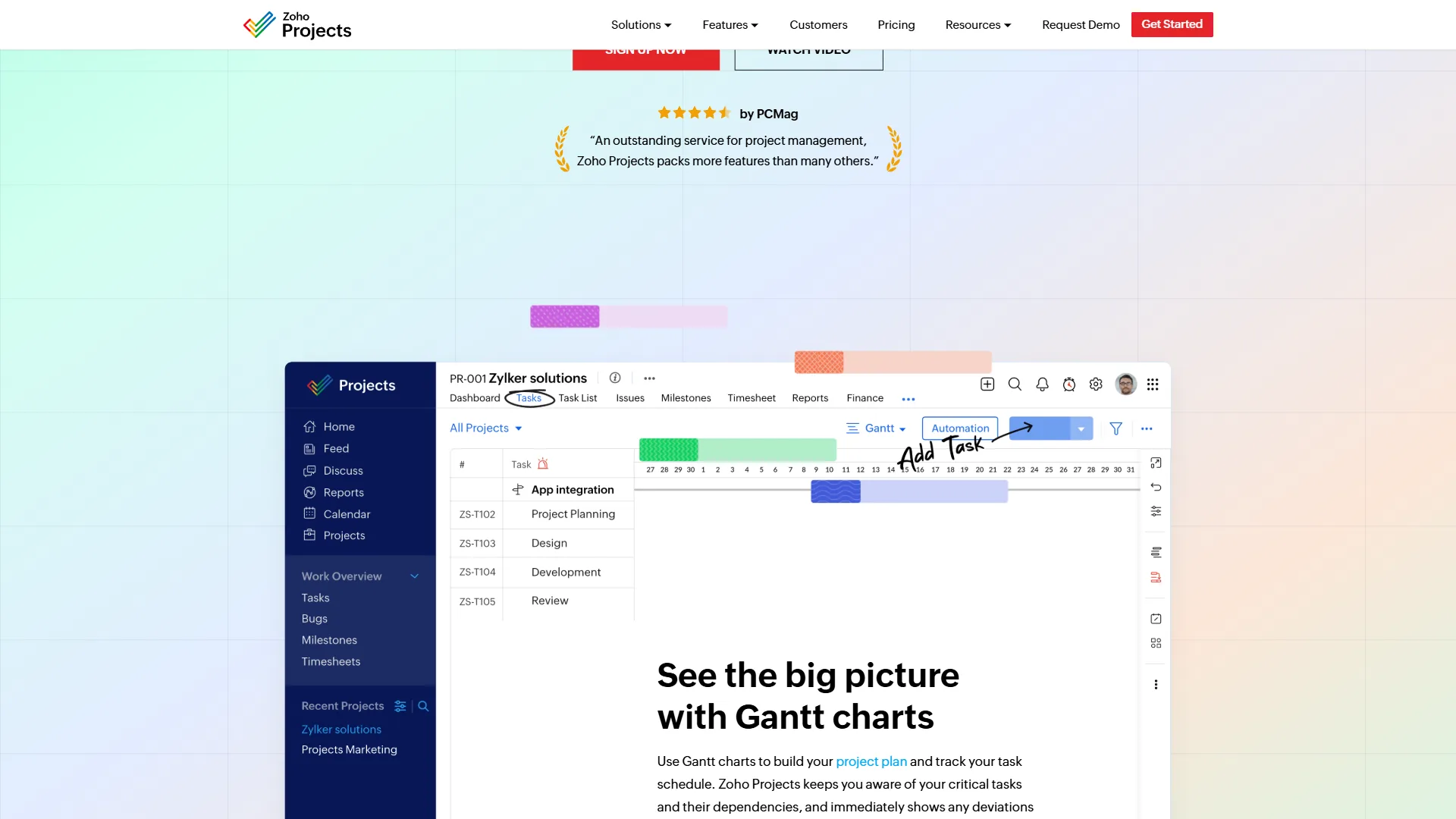 Zoho Projects main interface with Zia AI integration